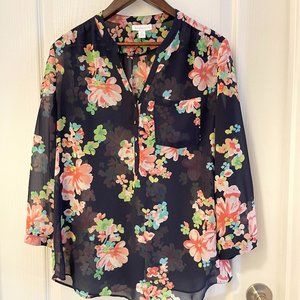 Charter Club Midnight Blue V-Neck Floral Sheer Blouse, Size Medium